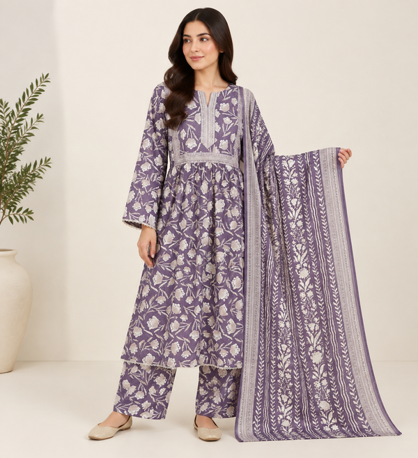 Lavender Floral Maxi Style 3 Piece Slub Khaddar Suit