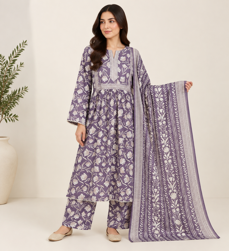 Lavender Floral Maxi Style 3 Piece Slub Khaddar Suit