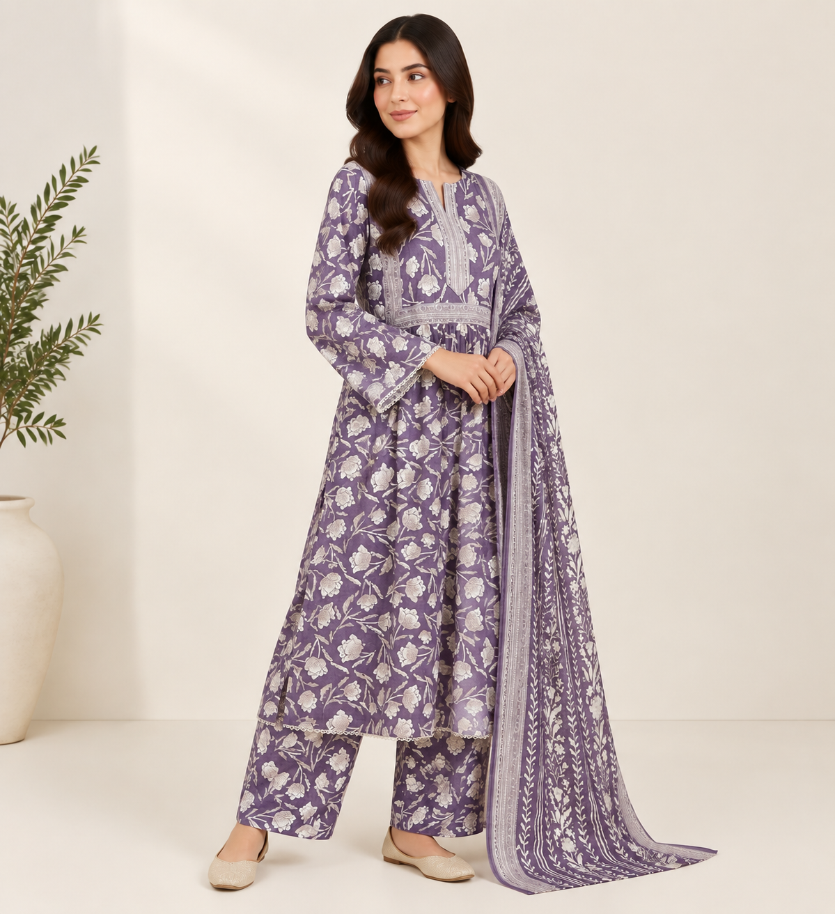 Lavender Floral Maxi Style 3 Piece Slub Khaddar Suit