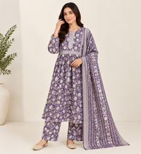 Lavender Floral Maxi Style 3 Piece Slub Khaddar Suit