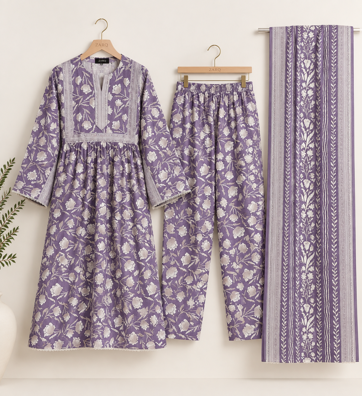 Lavender Floral Maxi Style 3 Piece Slub Khaddar Suit