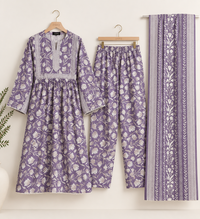 Lavender Floral Maxi Style 3 Piece Slub Khaddar Suit
