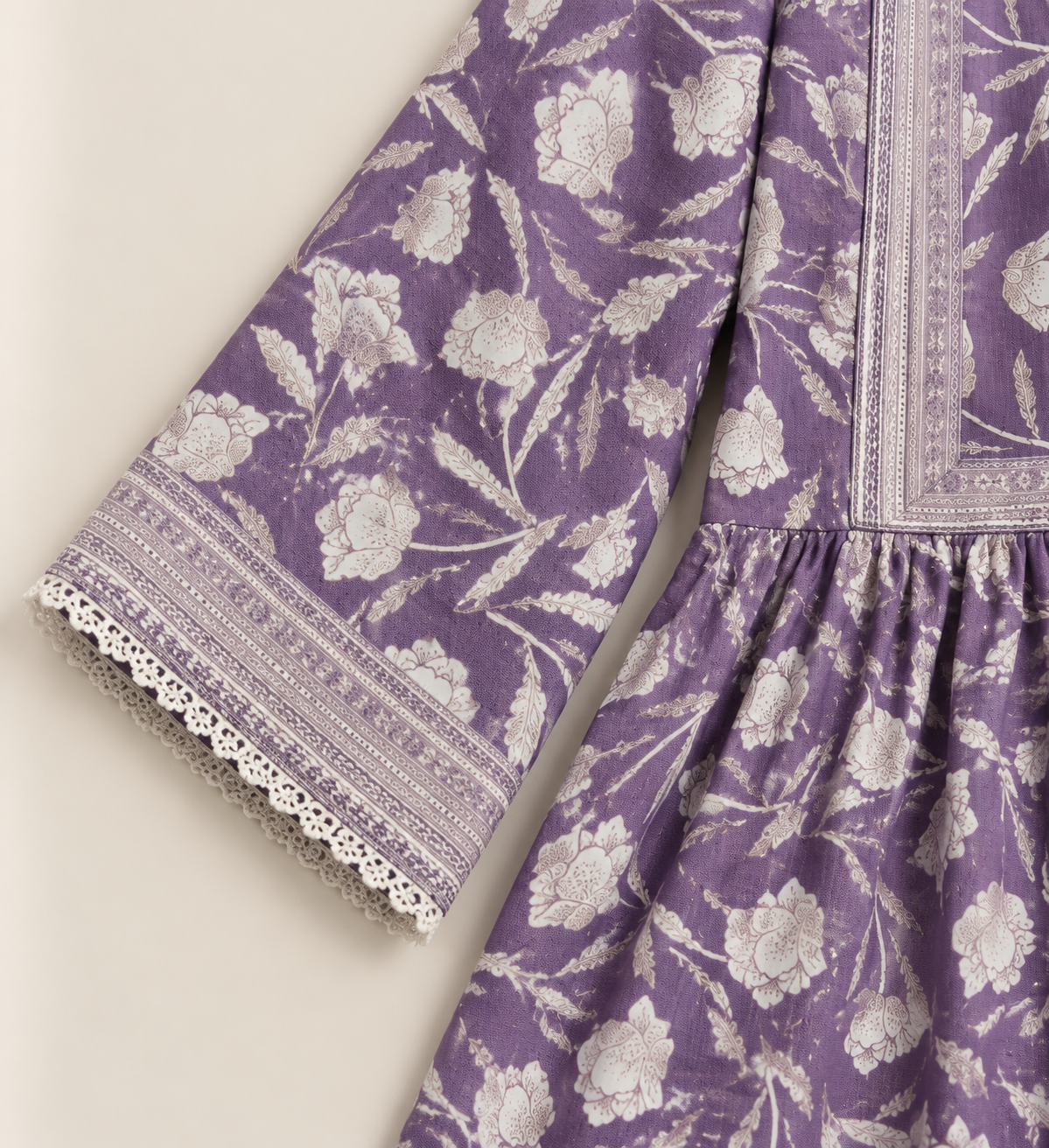 Lavender Floral Maxi Style 3 Piece Slub Khaddar Suit