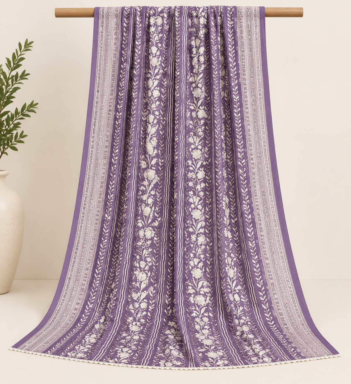 Lavender Floral Maxi Style 3 Piece Slub Khaddar Suit