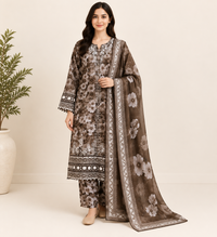 Brown Floral Embroidered 3 Piece Kortrai/Cotrai Suit