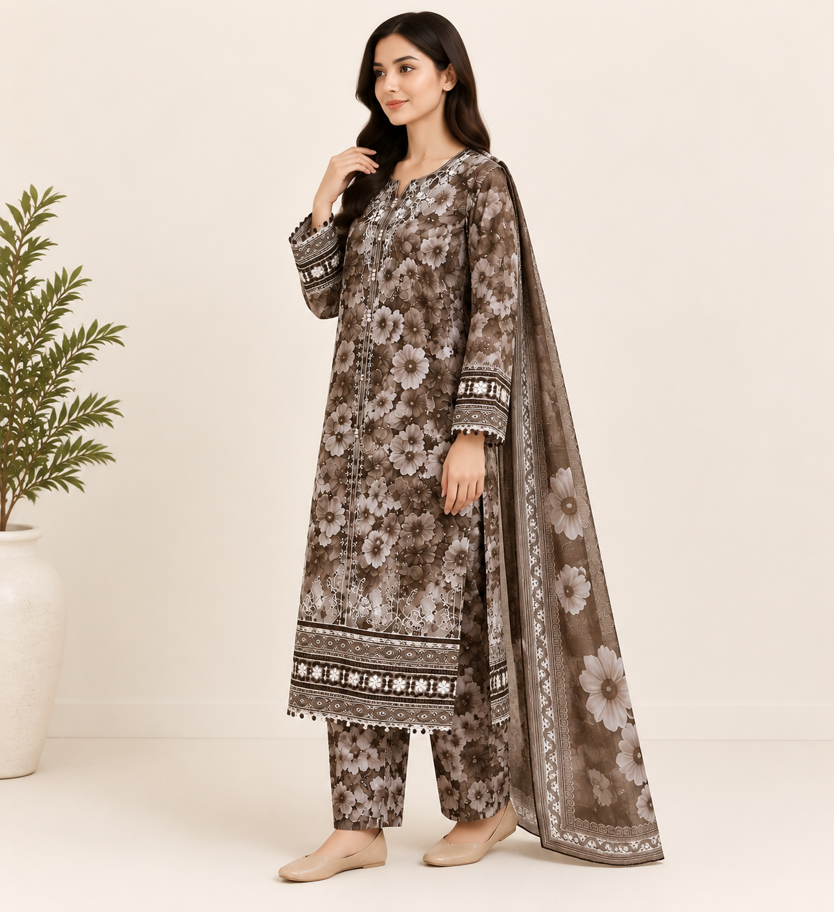 Brown Floral Embroidered 3 Piece Kortrai/Cotrai Suit