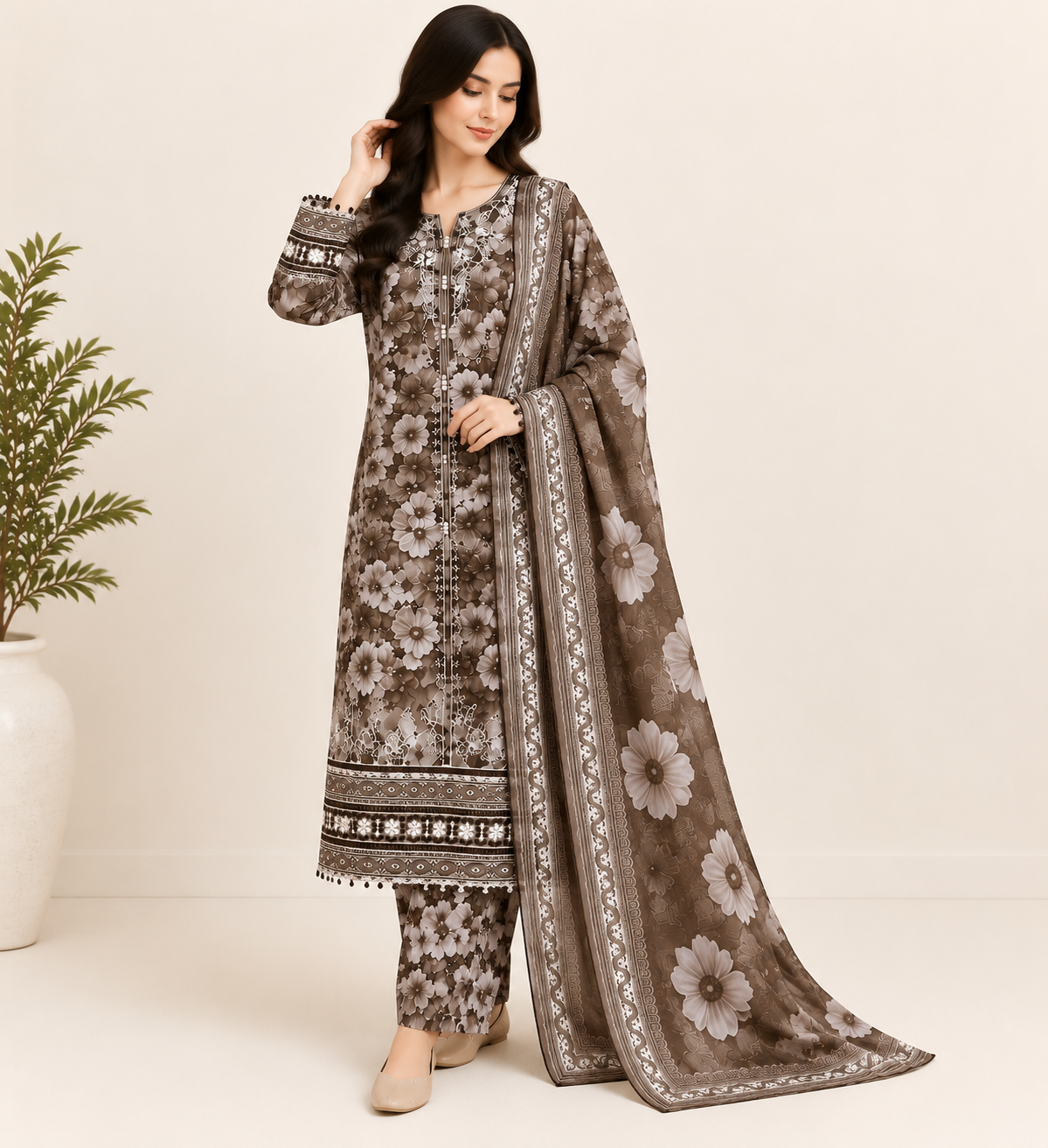 Brown Floral Embroidered 3 Piece Kortrai/Cotrai Suit
