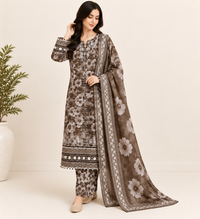 Brown Floral Embroidered 3 Piece Kortrai/Cotrai Suit