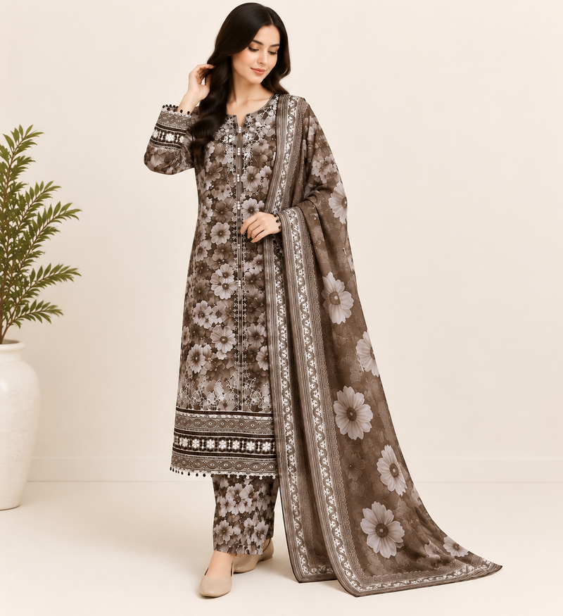 Brown Floral Embroidered 3 Piece Kortrai/Cotrai Suit