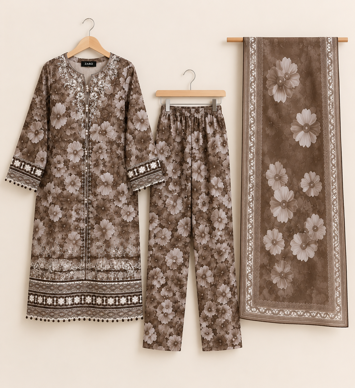 Brown Floral Embroidered 3 Piece Kortrai/Cotrai Suit