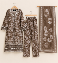 Brown Floral Embroidered 3 Piece Kortrai/Cotrai Suit