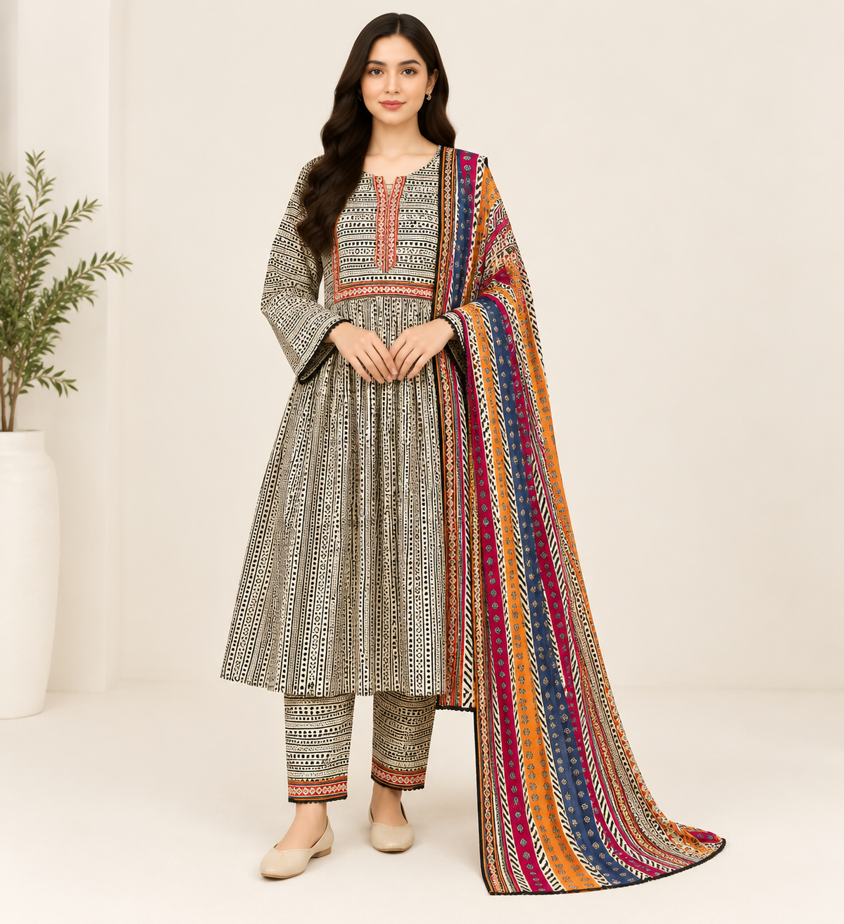 Rangrez Geometric Print 3 Piece Slub Khaddar Suit
