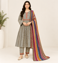 Rangrez Geometric Print 3 Piece Slub Khaddar Suit