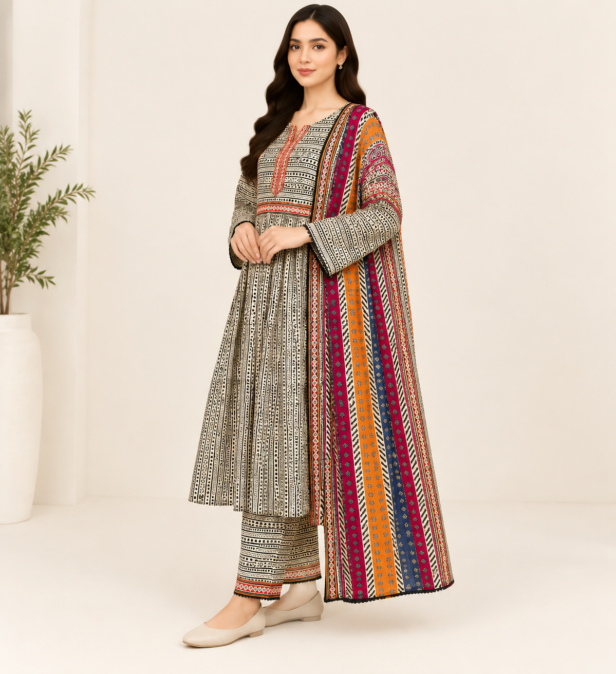 Rangrez Geometric Print 3 Piece Slub Khaddar Suit