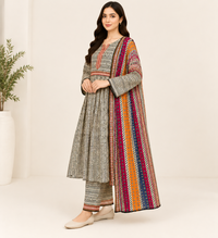 Rangrez Geometric Print 3 Piece Slub Khaddar Suit