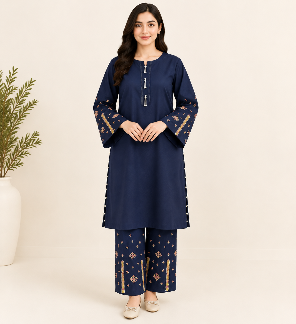 Midnight Elegance Embroidered Cotton Corduroy 2-Piece Suit