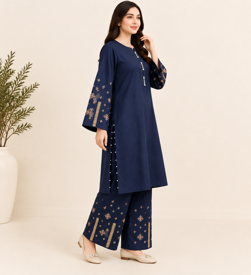 Midnight Elegance Embroidered Cotton Corduroy 2-Piece Suit