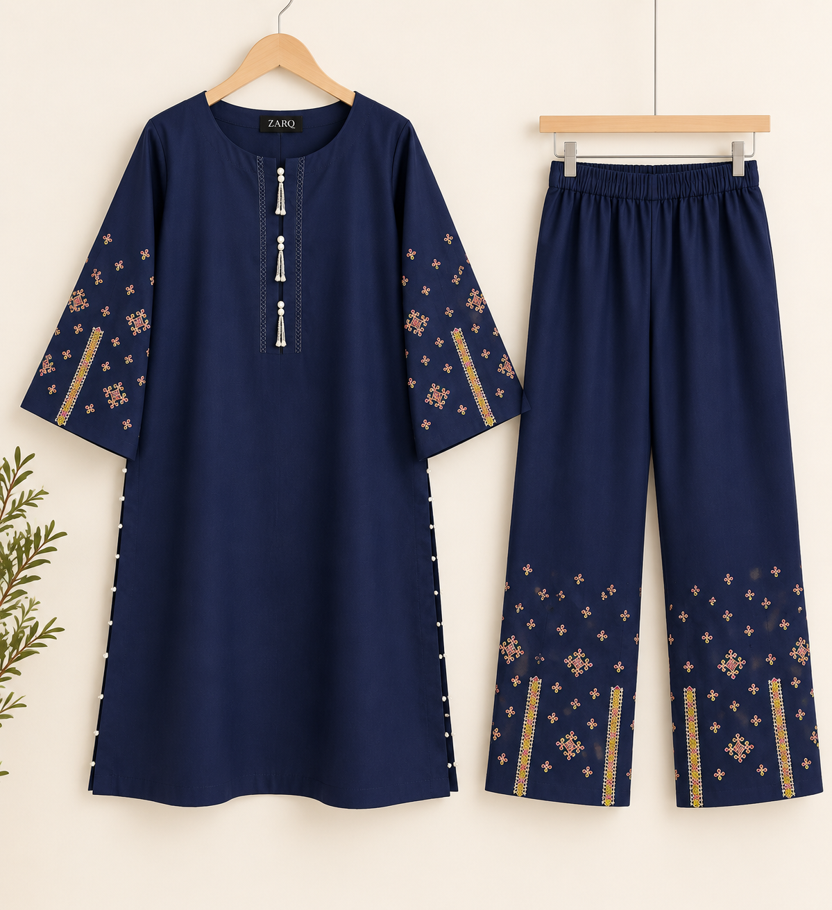 Midnight Elegance Embroidered Cotton Corduroy 2-Piece Suit