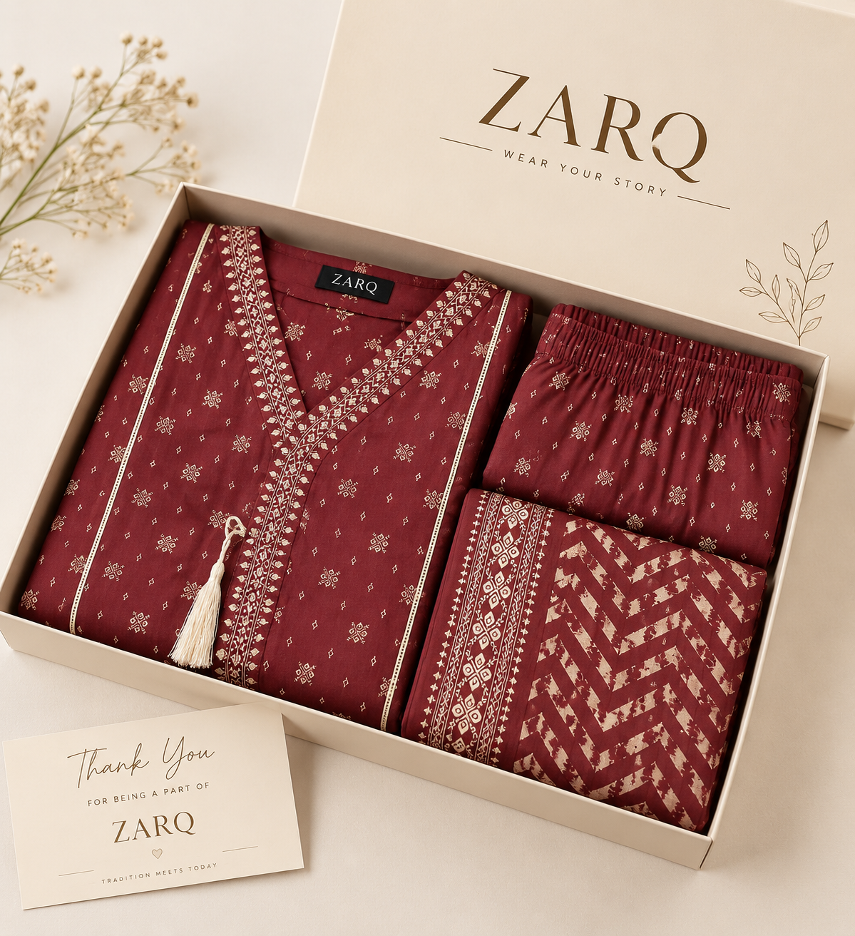 Maroon Heritage Lawn 3 Piece Suit - Maxi Style