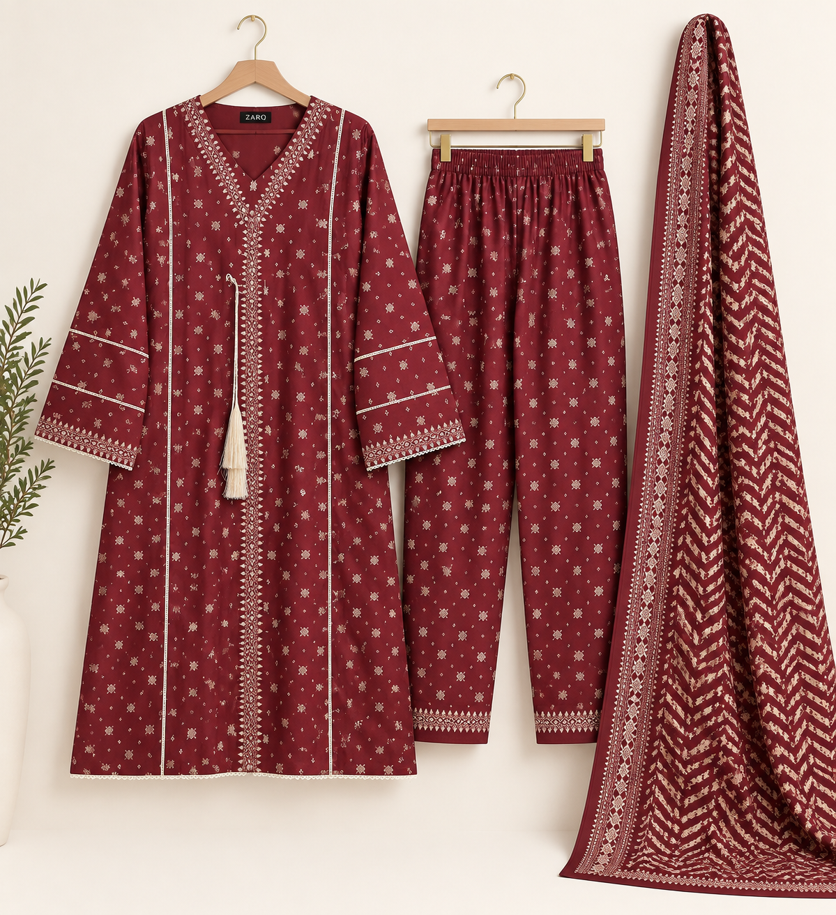 Maroon Heritage Lawn 3 Piece Suit - Maxi Style