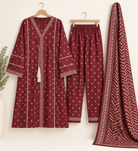 Maroon Heritage Lawn 3 Piece Suit - Maxi Style