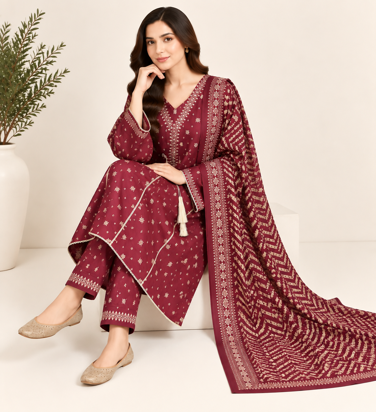 Maroon Heritage Lawn 3 Piece Suit - Maxi Style