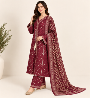 Maroon Heritage Lawn 3 Piece Suit - Maxi Style