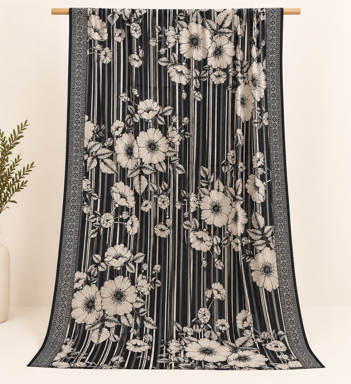 Noir Blossom Stripes – 3 Piece Slub Khaddar Suit
