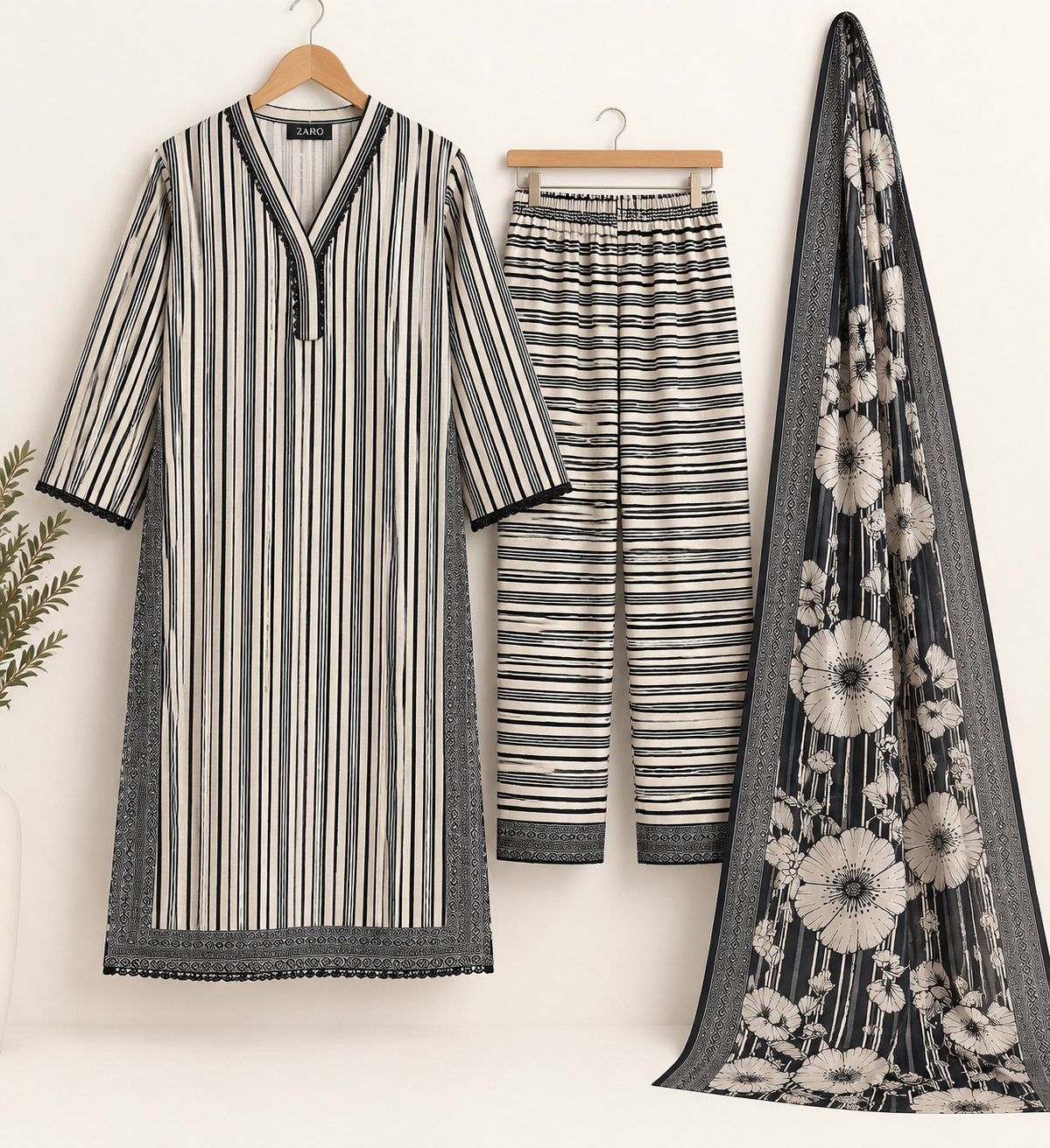 Noir Blossom Stripes – 3 Piece Slub Khaddar Suit
