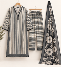 Noir Blossom Stripes – 3 Piece Slub Khaddar Suit