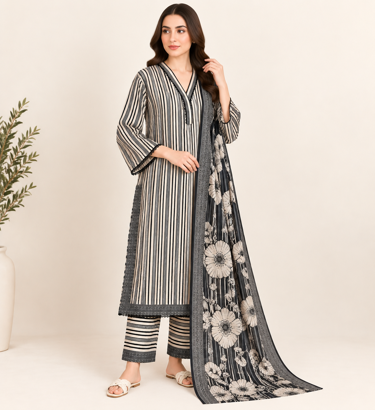 Noir Blossom Stripes – 3 Piece Slub Khaddar Suit