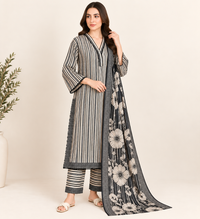 Noir Blossom Stripes – 3 Piece Slub Khaddar Suit