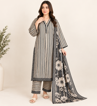 Noir Blossom Stripes – 3 Piece Slub Khaddar Suit