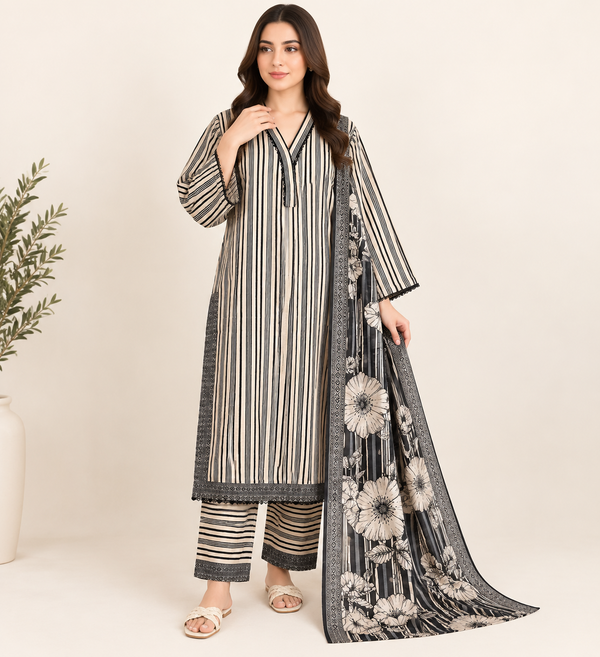 Noir Blossom Stripes – 3 Piece Slub Khaddar Suit