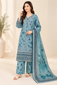 Sky Blue Floral Embroidered Cotrai 3 Piece Suit