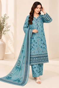 Sky Blue Floral Embroidered Cotrai 3 Piece Suit