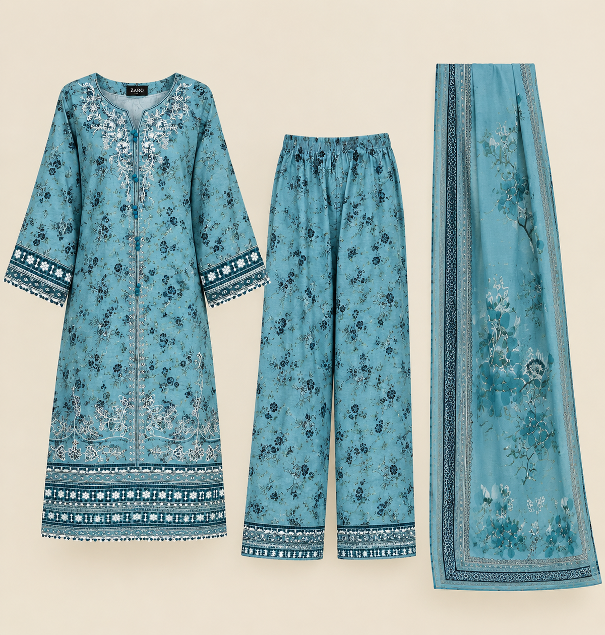 Sky Blue Floral Embroidered Cotrai 3 Piece Suit