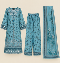 Sky Blue Floral Embroidered Cotrai 3 Piece Suit
