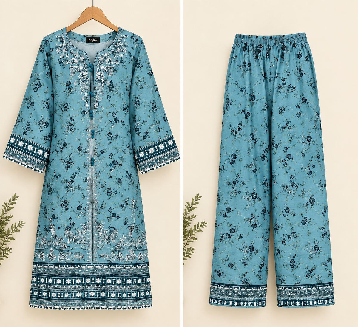 Sky Blue Floral Embroidered Cotrai 3 Piece Suit