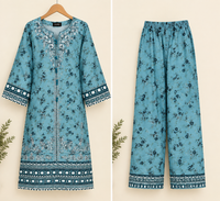 Sky Blue Floral Embroidered Cotrai 3 Piece Suit