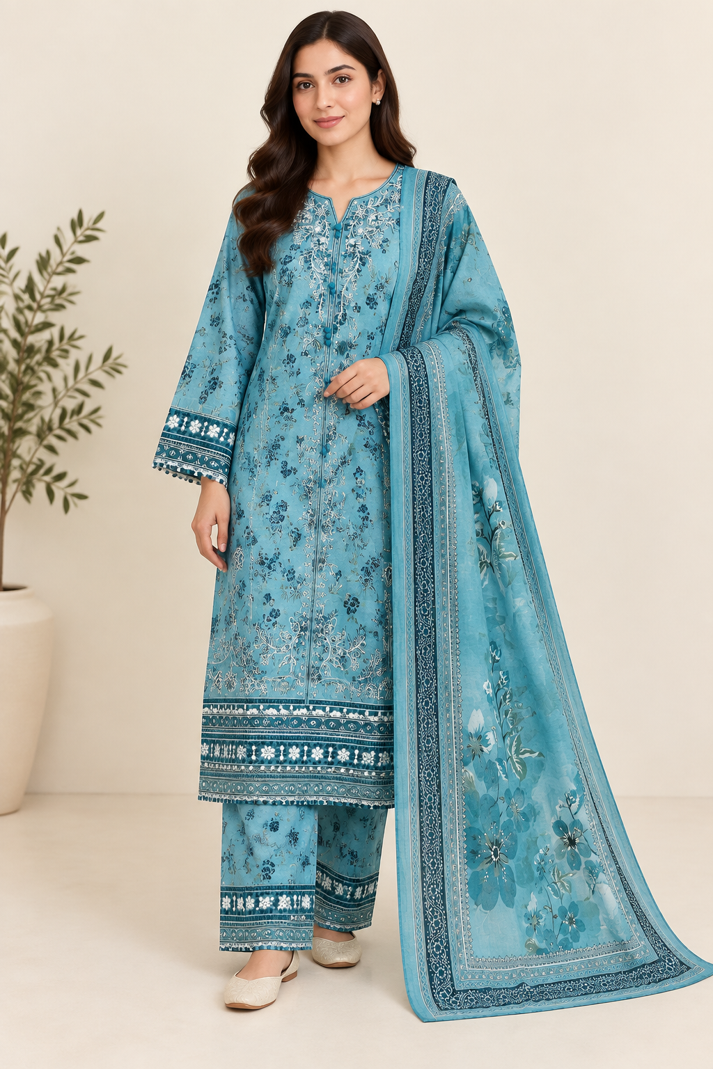 Sky Blue Floral Embroidered Cotrai 3 Piece Suit