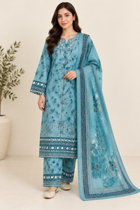 Sky Blue Floral Embroidered Cotrai 3 Piece Suit