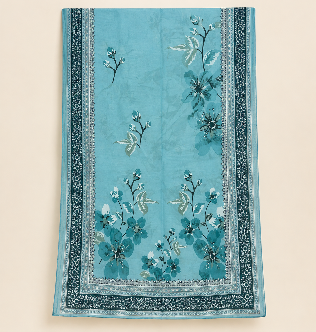 Sky Blue Floral Embroidered Cotrai 3 Piece Suit