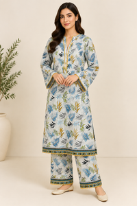 Tropical Leaf Print 2 Piece Slub Khaddar Suit