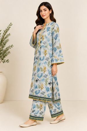 Tropical Leaf Print 2 Piece Slub Khaddar Suit