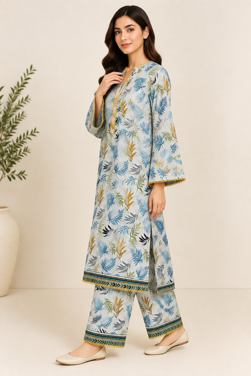 Tropical Leaf Print 2 Piece Slub Khaddar Suit