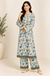 Tropical Leaf Print 2 Piece Slub Khaddar Suit