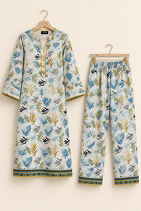 Tropical Leaf Print 2 Piece Slub Khaddar Suit