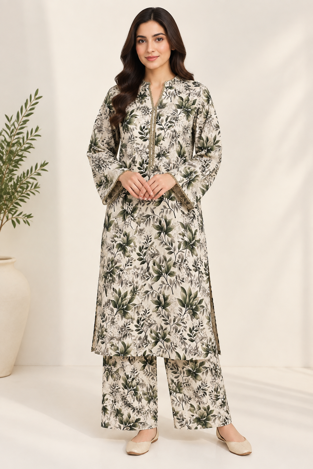 Olive Floral Printed 2-Piece Slub Khaddar Suit