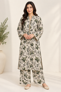 Olive Floral Printed 2-Piece Slub Khaddar Suit